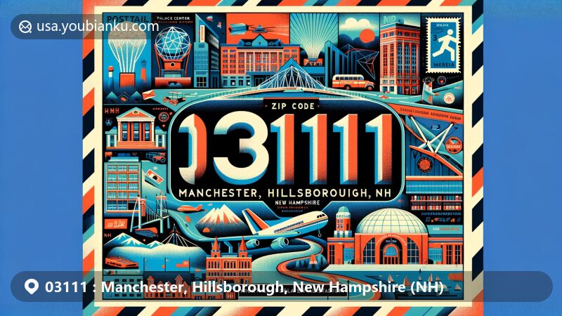 Modern illustration of Manchester, Hillsborough, New Hampshire, highlighting postal theme with ZIP code 03111, featuring iconic landmarks like SEE Science Center, Palace Theater, and Lake Massabesic.