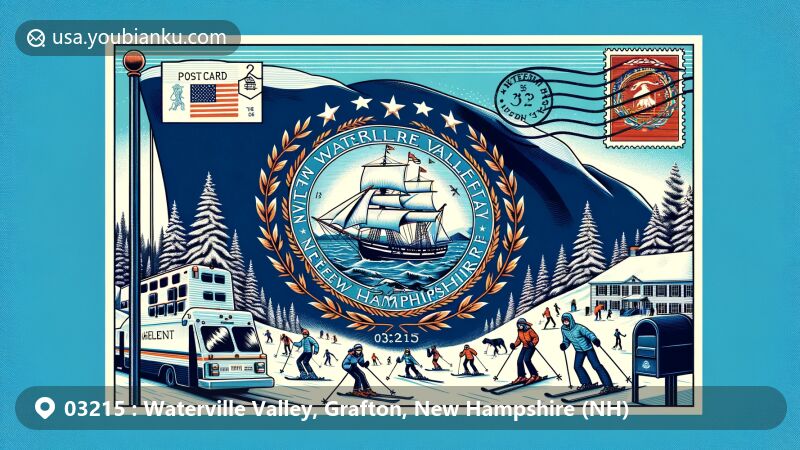 Illustration of Waterville Valley, New Hampshire, showcasing vibrant winter skiing scene with state flag elements, including Raleigh ship, laurel wreath, and stars, featuring postal theme with ZIP Code 03215 and mailbox.