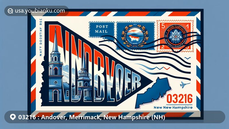 Modern illustration of Andover, Merrimack, New Hampshire (NH), resembling a wide air mail envelope with state flag, county silhouette, iconic landmark, and postal elements like vintage stamp, postmark, and airmail border for ZIP code 03216.