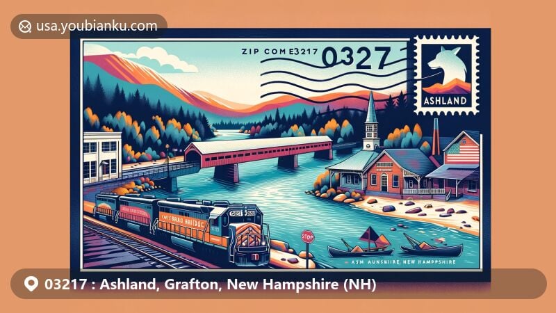 Modern illustration of Ashland, Grafton County, New Hampshire, capturing postal theme with ZIP code 03217, featuring Squam River Covered Bridge, Ashland Railroad Station, and White Mountains landscape.