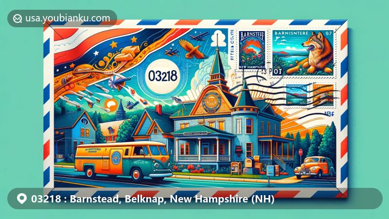 Colorful illustration of Barnstead, Belknap County, New Hampshire, resembling an air mail envelope, featuring New Hampshire state flag and local landmarks, postal elements, and American symbols.