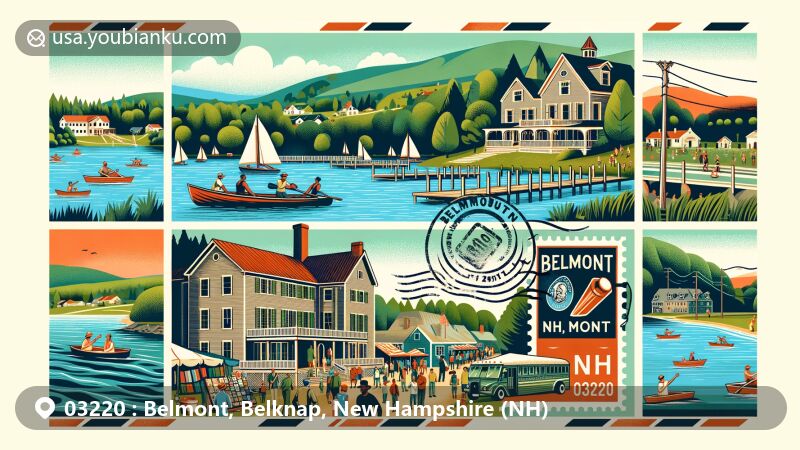 Modern illustration of Belmont, NH 03220, featuring Lake Winnisquam's natural beauty, Dudley Gilman Homestead's historical architecture, and community events showcasing city vibrancy. Postal theme with stamp, postmark, and mailbox elements.