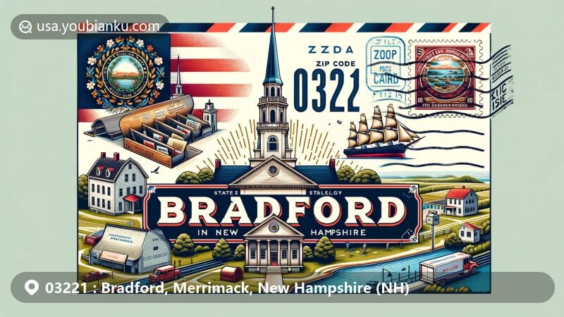 Modern illustration of ZIP code 03221, showcasing Bradford and Merrimack County, New Hampshire elements with historical buildings, state symbols, and natural scenery, in a postcard or air mail envelope style.