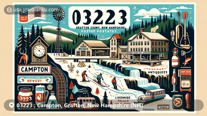 Modern illustration of Campton, New Hampshire, featuring ski area, micro-brewery, antiques shop, Livermore Falls, postal theme with ZIP code 03223, outdoor activities like skiing and hiking.