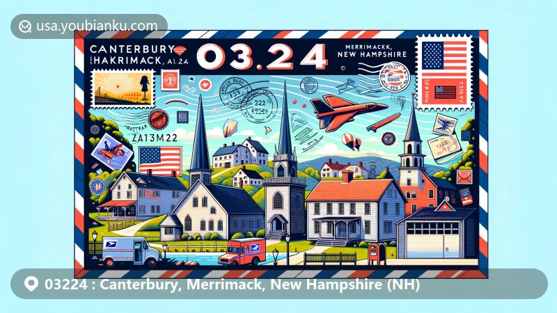 Creative depiction of Canterbury, Merrimack County, New Hampshire, highlighting postal theme with ZIP code 03224, featuring Canterbury Shaker Village and state symbols.