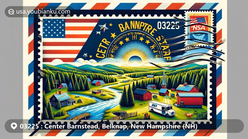 Modern illustration of Center Barnstead, Belknap, New Hampshire, featuring airmail envelope design with state flag, rural landscape, and postal elements like vintage stamp and mail truck.