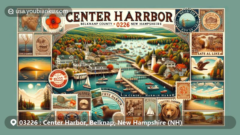 Modern illustration of Center Harbor, Belknap County, New Hampshire, showcasing postcard theme with ZIP code 03226, featuring Lake Winnipesaukee, Squam Lake, Centre Harbor Historical Society, Proctor Wildlife Sanctuary, local art galleries, and postal elements.