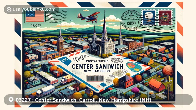 Modern illustration of Center Sandwich, Carroll County, New Hampshire, showcasing postal theme with ZIP code 03227, featuring New Hampshire state flag, Carroll County map outline, and local cultural symbols.