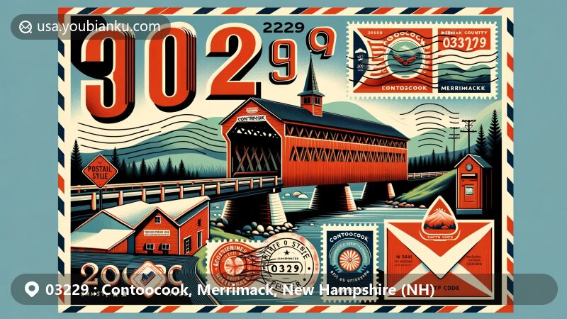 Modern illustration of Contoocook, Merrimack County, New Hampshire, highlighting the oldest covered railroad bridge in the world, postal elements, and the unique ZIP code 03229.