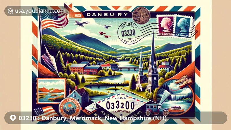 Modern illustration of Danbury, Merrimack County, New Hampshire, representing ZIP code 03230, featuring picturesque rural charm, state symbols, and vintage postal theme with stamps and postal mark.