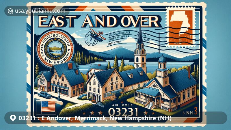 Modern illustration of East Andover, Merrimack County, New Hampshire (NH), showcasing regional and postal features with landmarks like Andover Congregational Church, Highland Lake Grange Hall, and East Andover Schoolhouse, along with New Hampshire state symbols.