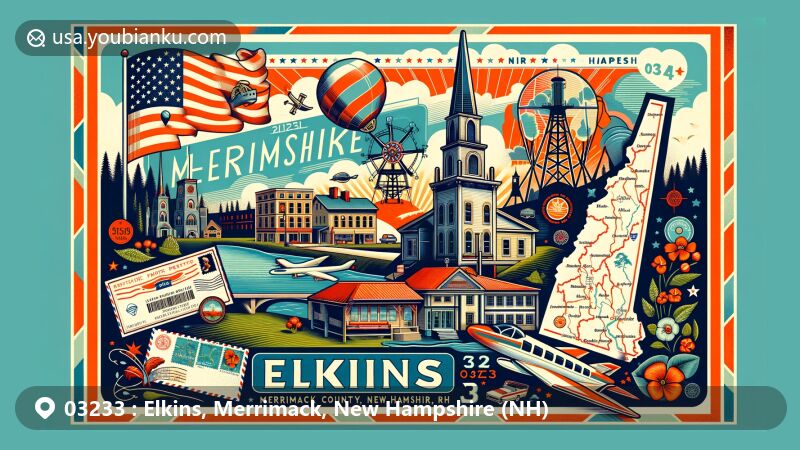 Modern illustration of Elkins, Merrimack County, New Hampshire, showcasing postal theme with ZIP code 03233, featuring state flag, county map silhouette, and iconic landmark or scenery of Elkins.