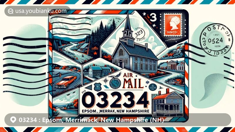Modern illustration of Epsom, Merrimack, New Hampshire, featuring creative air mail envelope design with Epsom Old Meetinghouse, Suncook River, state flag, and postal elements.