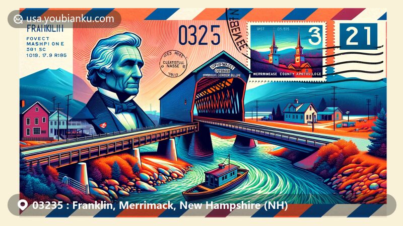 Modern illustration of Franklin, Merrimack County, New Hampshire, depicting Sulphite Railroad Bridge and Daniel Webster Birthplace, with Pemigewasset and Winnipesaukee Rivers meeting at Merrimack River, featuring postal stamp and '03235' ZIP code.