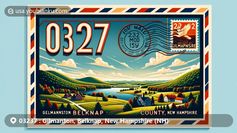 Vintage air mail envelope illustration representing Gilmanton, Belknap County, New Hampshire, with rural landscape, rolling hills, serene lake, and lush greenery.