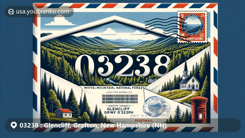 Modern illustration of Glencliff, Grafton County, New Hampshire, featuring postal theme with bold ZIP code '03238' and White Mountain National Forest, showcasing local landmarks like Glencliff Community Chapel and the Appalachian Trail.