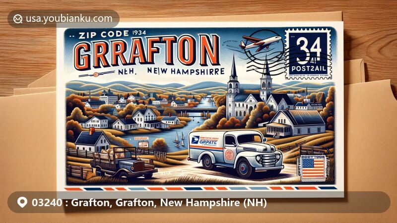 Modern illustration of Grafton, New Hampshire (NH), showcasing postal theme with ZIP code 03240, featuring local landmarks, cultural symbols, and vintage postal elements.