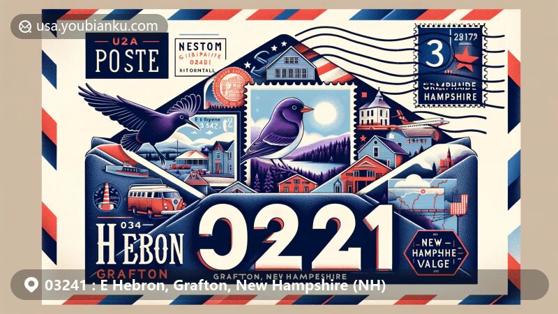 Modern illustration of E Hebron, Grafton, New Hampshire area, showcasing ZIP code 03241 on a wide airmail envelope with collage of local elements and state flag.