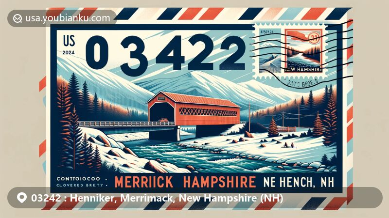 Modern illustration of Henniker, Merrimack County, New Hampshire, featuring vintage airmail envelope design and scenic Contoocook River, showcasing iconic Henniker Covered Bridge, Pats Peak ski area, and New Hampshire state symbols.