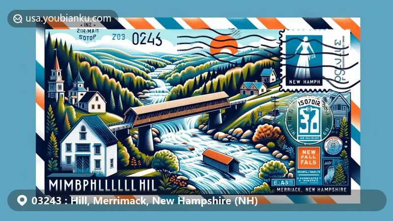Modern illustration of Hill, Merrimack County, New Hampshire, highlighting scenic Wildcat Falls Park, Stowell Road Covered Bridge, and postal theme with ZIP code 03243.