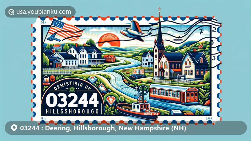 Postal-themed illustration of Deering, Hillsborough County, New Hampshire, depicting rural landscapes, historic homes, and Deering Community Church within a detailed postage stamp design.