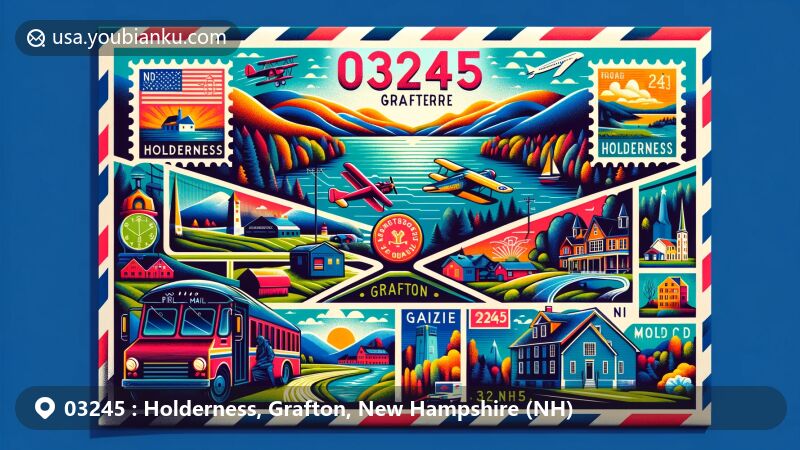 Modern illustration of Holderness, Grafton County, New Hampshire, featuring postal theme with ZIP code 03245, showcasing stunning Squam Lakes, White Mountains, Asquam House, and Chapel of the Holy Cross.
