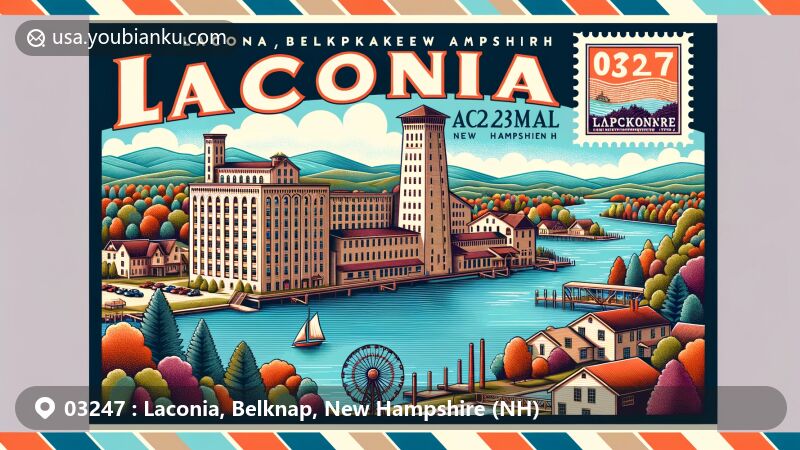 Modern illustration of Laconia, Belknap County, New Hampshire, featuring the iconic Belknap Mill and surrounding natural beauty of Lake Winnipesaukee, Lake Winnisquam, Opechee Bay, and Paugus Bay, integrated with postal theme and ZIP code 03247.