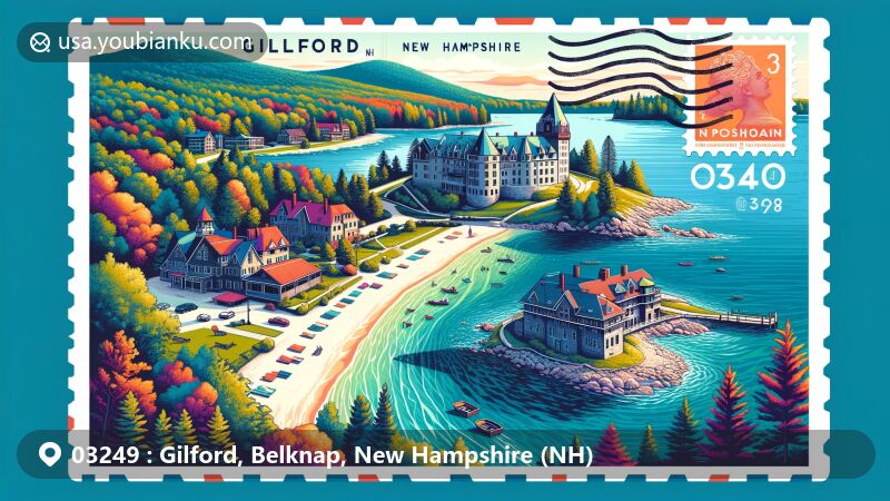 Modern illustration of Gilford, New Hampshire, featuring Kimball Castle, Weirs Beach, Mount Major State Forest, and Gilford Village Store, with postal elements like stamps, postmarks, and ZIP Code 03249.
