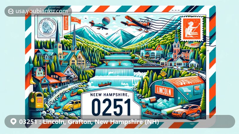 Modern illustration of Lincoln, New Hampshire, featuring natural landscapes like Flume Gorge and outdoor activities like Loon Mountain Ski Resort, designed as a wide postcard with postal elements and ZIP Code 03251.