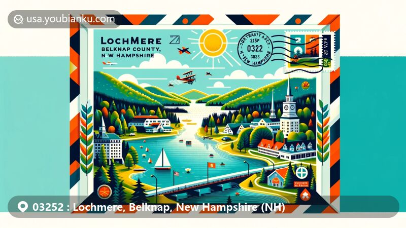 Modern illustration of Lochmere, Belknap County, New Hampshire, showcasing natural beauty of Winnipesaukee River with elements representing New Hampshire, styled as a vintage airmail envelope with ZIP code 03252.