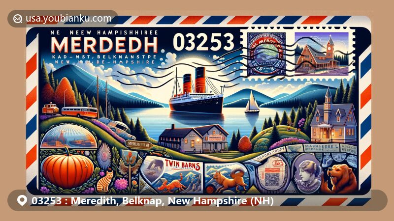 Modern illustration of Meredith, Belknap, New Hampshire (NH), featuring a wide airmail envelope with ZIP code 03253, showcasing iconic landmarks like Lake Winnipesaukee, MS Mount Washington cruise ship, and Twin Barns Brewery, set against a backdrop of mountains.