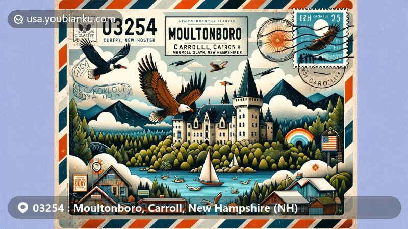 Vintage-style illustration of Moultonboro, Carroll, New Hampshire, showcasing Castle in the Clouds with surrounding nature and local wildlife, depicting vibrant community events and Birch Hill Island.