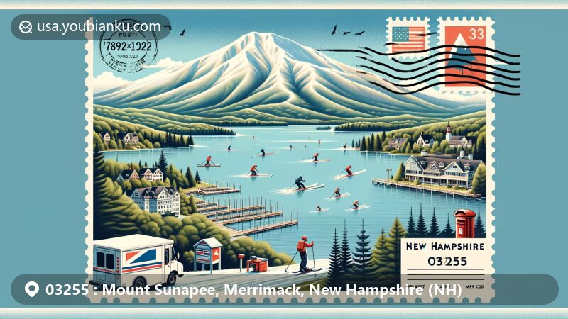 Modern illustration of Mount Sunapee, Merrimack, New Hampshire (NH), showcasing postal theme with ZIP code 03255, featuring skiing, lake activities, postal elements, and New Hampshire's iconic landscapes.