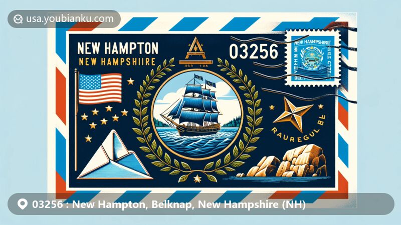 Modern illustration of New Hampton, Belknap County, New Hampshire, featuring state flag with blue background, USS Raleigh, granite boulder, laurel wreath, and nine stars, along with cultural and historical landmarks of Belknap County, including stamps, postmarks, and ZIP code 03256.