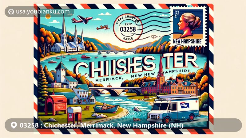 Modern illustration of Chichester, Merrimack, New Hampshire, with Thunder Bridge and natural scenery, resembling a postcard design with postal elements for ZIP code 03258.