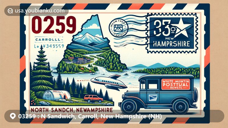 Modern illustration of N Sandwich, Carroll, New Hampshire, showcasing White Mountain National Forest scenery and creative postal stamp with ZIP code 03259, featuring postal car and state outline.