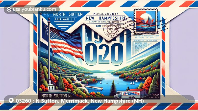 Modern illustration of North Sutton, Merrimack County, New Hampshire, showcasing postal theme with ZIP code 03260, featuring Kezar Lake, Wadleigh State Park, and New Hampshire state flag.