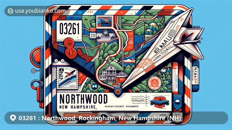 Modern illustration of Northwood, Rockingham County, New Hampshire, featuring a creative airmail envelope with ZIP code 03261, postal elements, and stylized state map.