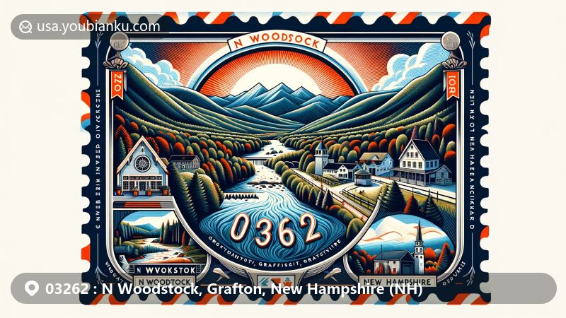Modern illustration of N Woodstock, Grafton, New Hampshire, showcasing postal theme with ZIP code 03262, featuring White Mountains and Pemigewasset River.