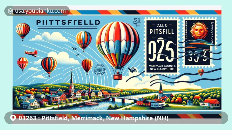 Modern illustration of Pittsfield, Merrimack County, New Hampshire, showcasing postal theme with ZIP code 03263, featuring Suncook River and Hot Air Balloon Festival.