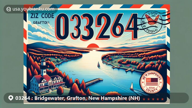 Modern illustration of Bridgewater, Grafton, New Hampshire (NH), featuring a postal theme with ZIP code 03264, showcasing Newfound Lake and state symbols.