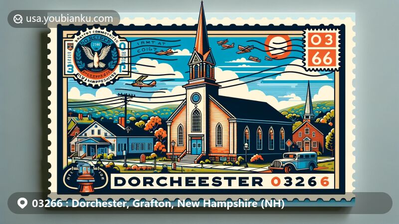 Modern illustration of Dorchester, Grafton County, New Hampshire, NH, showcasing postal theme with ZIP code 03266, featuring Dorchester Community Church and New England rural town essence.