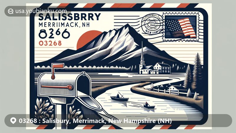 Modern illustration of Salisbury, Merrimack, New Hampshire (NH), featuring Mount Kearsarge, Blackwater River, and classic American mailbox with ZIP code 03268, designed in the form of an airmail envelope or postcard.