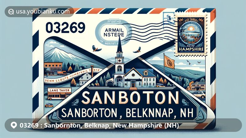 Modern illustration of Sanbornton, Belknap, NH airmail envelope with ZIP code 03269, showcasing local landmarks like Hersey Mountain and Lane Tavern, adorned with postage stamp and postmark featuring New Hampshire state symbols.