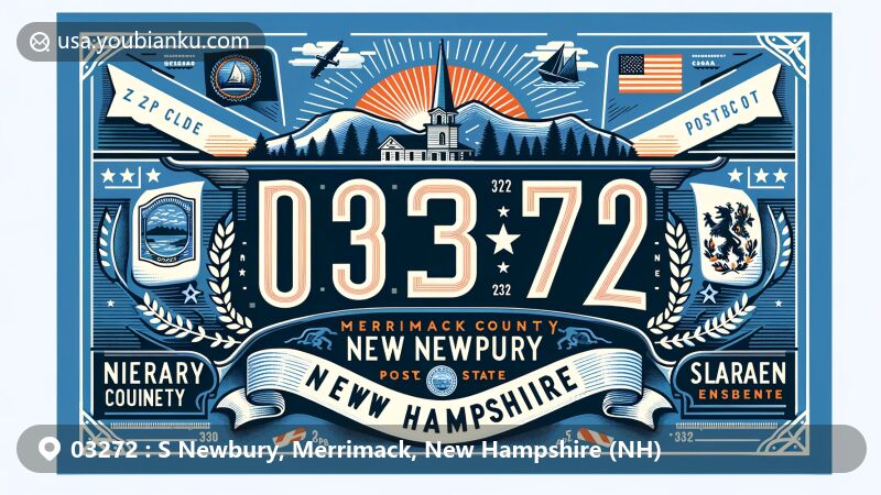 Illustration of S Newbury, Merrimack County, New Hampshire, featuring The Fells Historic Site, Mount Sunapee, and New Hampshire state flag elements, with a postcard-style design incorporating postal theme.