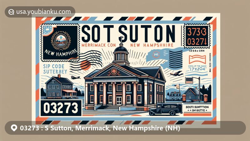 Modern illustration of S Sutton, Merrimack County, New Hampshire, showcasing postal theme with ZIP code 03273, featuring South Sutton Meeting House, New Hampshire state flag, and Merrimack County outline.