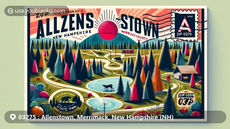 Vibrant illustration of Allenstown, New Hampshire, featuring Bear Brook State Park and postal elements with ZIP code 03275, highlighting the region's natural beauty and cultural symbols.