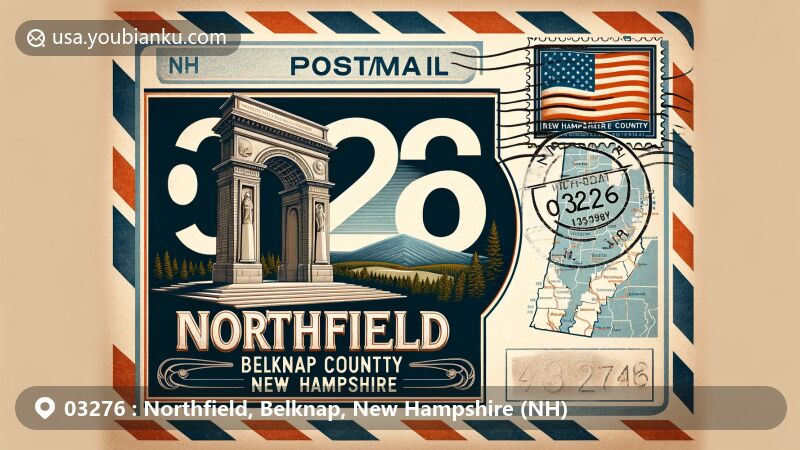 Modern illustration of Northfield, Belknap County, New Hampshire, showcasing postal theme with ZIP code 03276, featuring Tilton Memorial Arch, New Hampshire state flag, Belknap County map, vintage postage stamp, and Northfield postmark.
