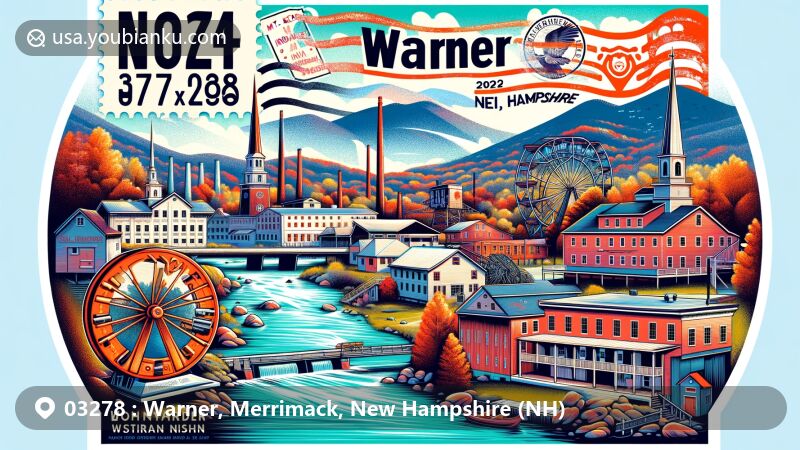 Modern illustration of Warner, Merrimack, New Hampshire, embodying postal theme with ZIP code 03278, showcasing Warner River representing the historic water-powered mills, and Mount Kearsarge as the town's highest point and popular hiking spot, including Mt. Kearsarge Indian Museum celebrating Native American heritage.