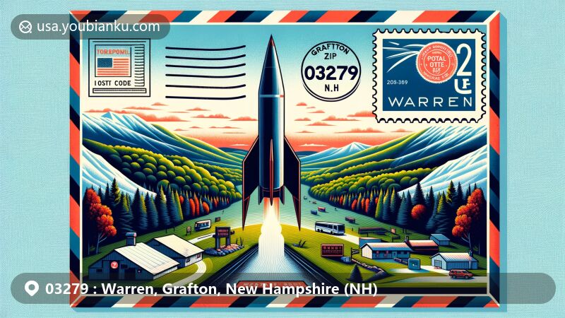 Modern illustration of Warren, Grafton County, New Hampshire, featuring ZIP code 03279, with Redstone ballistic missile and White Mountains, blending local landmarks and postal theme.